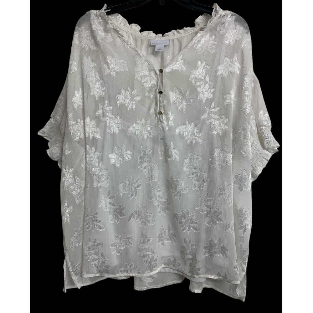 Liz Claiborne White Floral Burnout V-Neck Blouse Plus Size 2X Smocked Sleeve